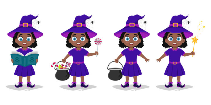 Set of illustrations of a girl in a witch costume