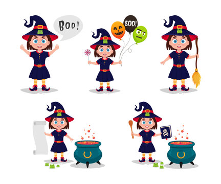 Set of illustrations of a girl in a witch costume