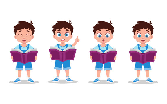 Set of illustrations of a boy with books