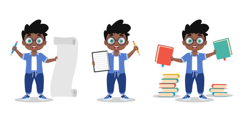 Set of illustrations of a boy with a notebook and a pencil