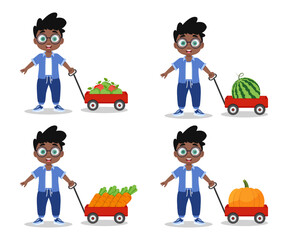 4 Illustrations of a boy with a red cart