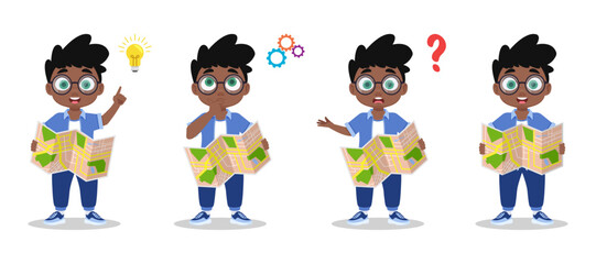 Set of illustrations of a boy with a map