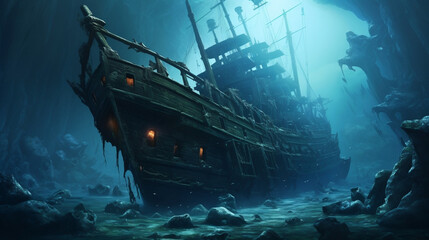 Sunken ship at the bottom of the ocean, Generative Ai - obrazy, fototapety, plakaty