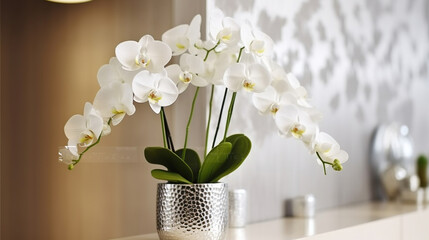 Orchid Flower Phalaenopsis or White Falah on Table. Luxury Floral Herb Decoration of Office Room or Beauty Salon Reception. Generative AI