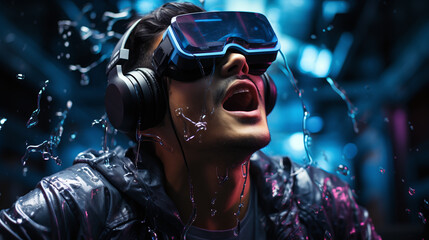 Mann mit Virtual Reality VR Brille und Headset im Regen / Augmentet Reality / Spacial Computing