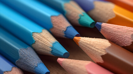 Obraz premium multicolored pencils, wooden crayon, colors, school supplies, pastels, drawing, art supplies, close up shot of pencils, stack, made with generative AI 