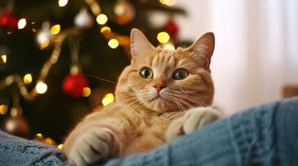 Fototapeta premium Portrait of red british shorthair cat beloved pet at home and pine tree with bokeh effect lights. Close up, copy space. Generative AI