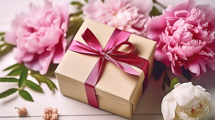 Gift box and peonies. Greetings, celebration, holidays concept. Generative AI