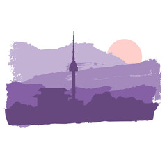 Namsan tower in Seoul and pagoda in simple style on grunge brush stroke. High mountains silhouette. Sunset landscape
