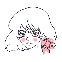 Portrait of a girl in anime style with big pink eyes, short haircut, flower earring. Vector illustration, postcard, design