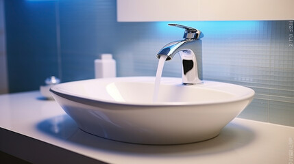 Fototapeta premium Contemporary Minimalism in a Modern Bathroom Sink with Blue Backlit Mirror and White Ceramic Washbasin. Generative AI