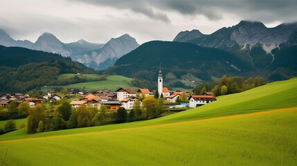 Fototapeta na wymiar Beautiful village in an alpine mountain landscape. Generative AI