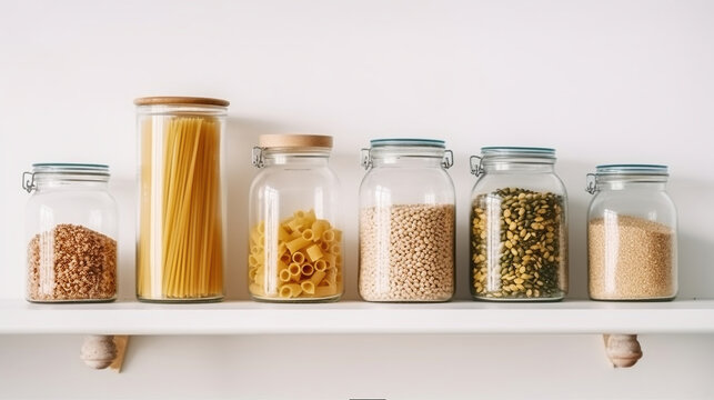 Showcasing a Glass Jar Set Filled with a Colorful Assortment of Pasta and Beans on a Stylish Kitchen Shelf. Generative AI