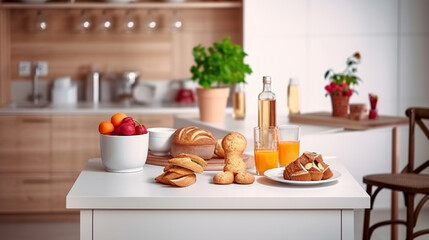 Fototapeta na wymiar Interior of small white kitchen with fresh fruit, two glasses of orange juice, baguette, red caviar, croissant and cookies with chocolate chips on the table. Generative AI