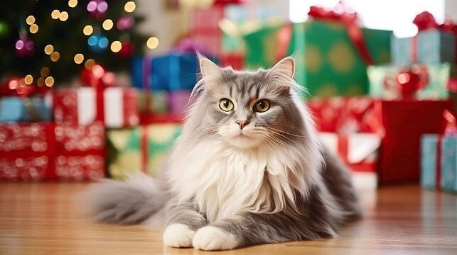 Portrait of beautiful grey-white longhair cat under the stacks of Christmas presents in colorful wrapping paper. Bokeh effect lights background. Generative AI