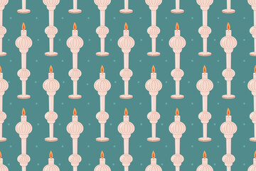 Fototapeta na wymiar Decorative old interior design flat candles in a candlestick. Vector seamless cartoon pattern.