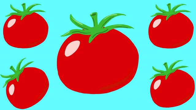 Animation of tomatoes on a blue background, moving red vegetables.