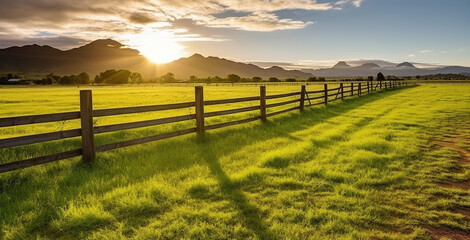 Green grass field, wooden Fence and mountain on horizon at summer morning. Generative AI