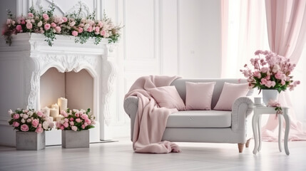 Light Sofa and Pink Pillows Grace an Enchanting Studio Room with a Cozy Fireplace and Spring-inspired Decor. Generative AI
