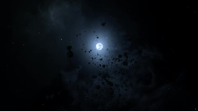 White dwarf star Sirius B revealing behind barren rocky asteroid field. Concept 3D animation floating tracking wide shot. Space debris and cosmic dust orbiting neutron star in hostile solar radiation.