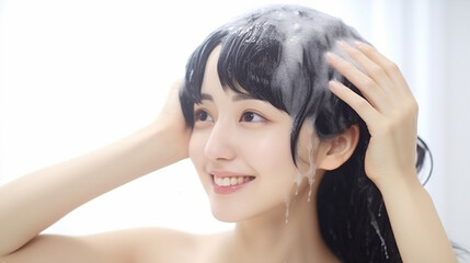 Obraz premium 笑顔でシャンプーをする女性