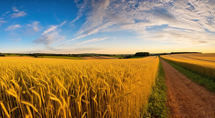 Breathtaking Panorama of a Wheat Field in the Morning Light. Generative AI