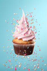 Cupcake with cream and sprinkles on top. Levitating cupcake, pastel colors. Blue background. AI generated content