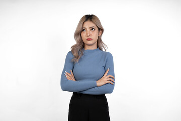 Successful Asian office worker woman poses in various poses on isolated white studio background. Feeling confident happy millennial female internship showing motivation to work startup business ideas