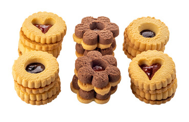 Mixed butter cookies, heart-shaped Linzer jam and flower-shaped chocolate biscuits