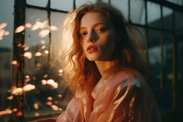 Obraz premium portrait of a woman/model/book character standing by a window in warm daylight with a thoughtful/sad expression in a fashion/beauty editorial magazine style film photography look - generative ai art