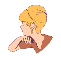 Young woman face side view. Elegant silhouette of a female head. Woman of middle age keeps hand under chin looks away with dreamy expression