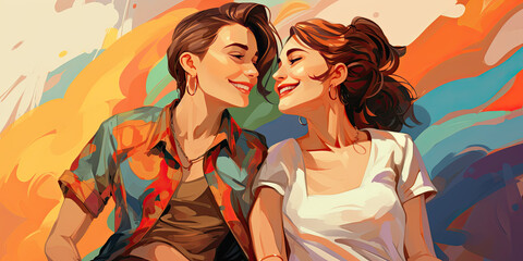 Lesbian couple in a fun and affectionate attitude. Generative AI