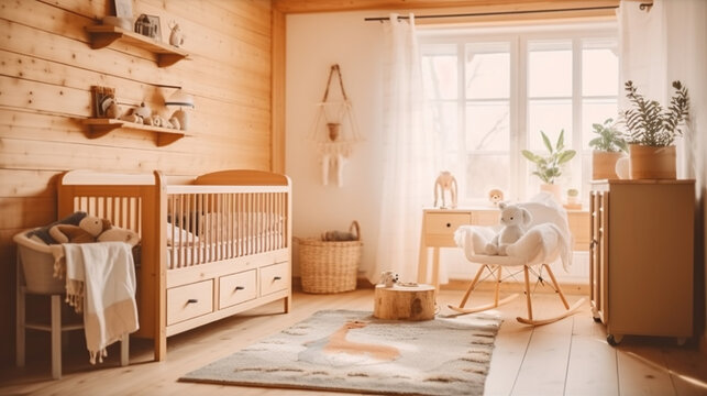 Light Brown Childish Room with Wooden Empty Cot. Beautiful Child Toy in Large Cottage Background. Modern Eco House. Generative AI