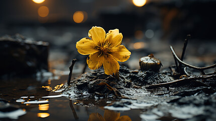 Nahaufnahmeporträt eines schlammigen und nassen Schlachtfelds, einzelne bunte Blume wächst. Symbol der Hoffnung, des neuen Lebens  psychischen Gesundheit ohne Krieg. Umwelt Generative AI          