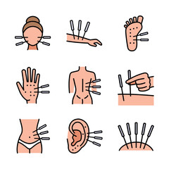 Acupuncture. Body therapy and spa. Wellness. Alternative medicine outline icons set. - obrazy, fototapety, plakaty