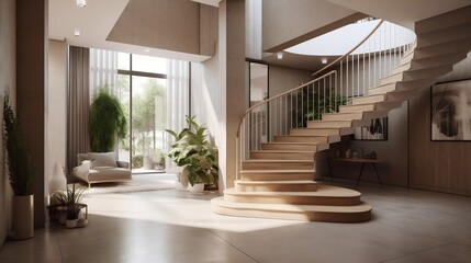 Fototapeta na wymiar The interior design of the modern entrance hall with a staircase in the villa generative ai