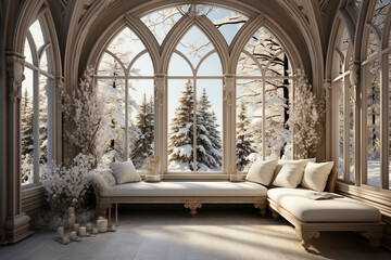 A vintage bay window, with a beautiful view of a winter wonderland. AI generative