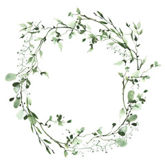 Obraz na płótnie Canvas Watercolor greenery frame. Wild green, emerald branches, leaves and twigs wreath. Isolated clipart.