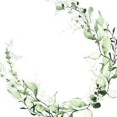 Watercolor greenery frame. Light green, emerald wild branches, leaves and twigs wreath. Isolated clipart.