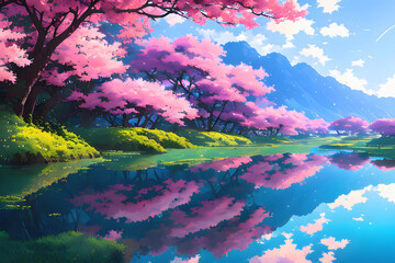 Fototapeta na wymiar beautiful landscape painting of a mountain lake reflecting the sakura cherry tree blossoms in full bloom