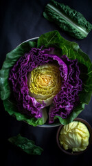 Obraz premium cabbage leaf salad top view black background vegan, generated ai