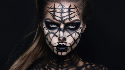An eerie portrait of a woman with frightening face paint, AI generated