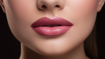 Fototapeta premium A detailed close-up capturing the art of permanent makeup on the lips, where tattooing techniques create long-lasting color and precise definition. AI generated