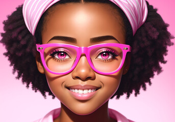 Fototapeta na wymiar Portrait of a beautiful african american woman wearing pink glasses. Generative AI
