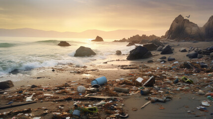 A heartbreaking sight of a trash-covered ocean shore, highlighting the environmental impact of pollution on our precious marine ecosystems. AI generated