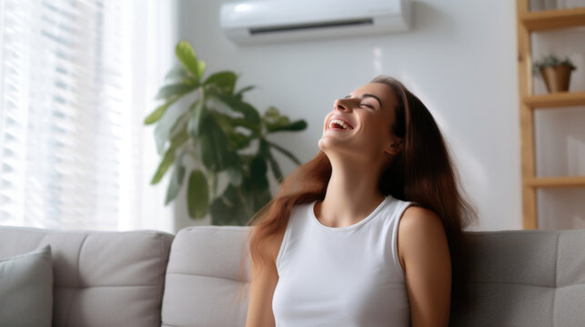 An image capturing the joy on a woman's face as she luxuriates in the cool breeze of the air conditioner, experiencing pure bliss and relief from the sweltering outdoor temperatures. AI generated
