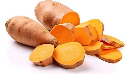 Sweet Potato Vegetable Tuber and Cut Part Pieces Clipping Path on White Background. Generative AI