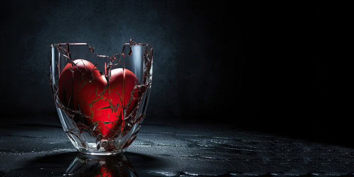 A heart enclosed within shattered glass, isolated against a dark background with ample copy space, symbolizes the delicate and vulnerable nature of human emotions and relationships. Generative AI