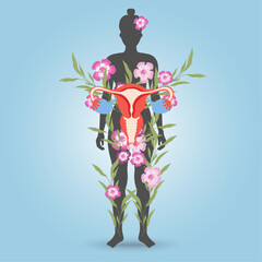 Healthy woman's reproductive system with flowers around and woman's body in vector illustration