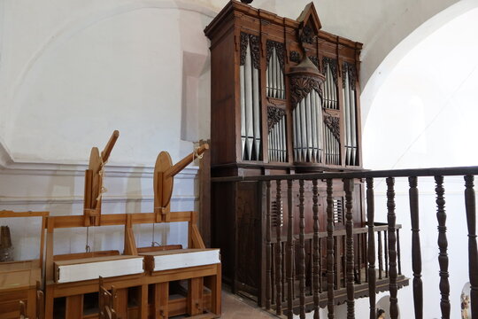 Castaño del Robledo, Huelva, Spain, June 22, 2023: Bellows and organ from the 18th century of the Santiago el Mayor church in Castano del Robledo, Huelva, Spain